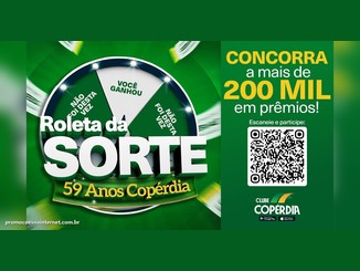Arte da campanha Roleta da Sorte 59 Anos Copérdia, com roleta verde e branca, o texto "Concorra a mais de 200 mil em prêmios", QR Code e logo do Clube Copérdia