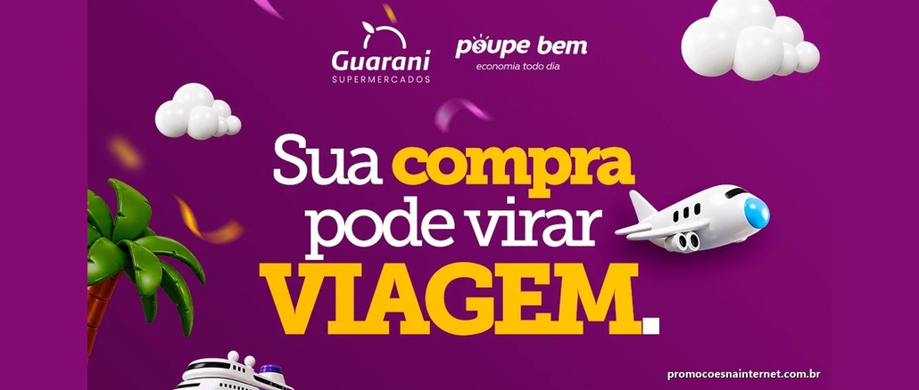 Arte da Promoção Aniversário 54 Anos dos Supermercados Guarani e Poupe Bem com a frase Sua compra pode virar viagem, avião, nuvens e palmeira sobre fundo roxo