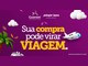 Arte da Promoção Aniversário 54 Anos dos Supermercados Guarani e Poupe Bem com a frase Sua compra pode virar viagem, avião, nuvens e palmeira sobre fundo roxo