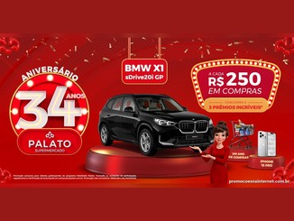 Arte da promoção Aniversário Palato 34 Anos em fundo vermelho, com um BMW X1 preto em destaque, um iPhone 18 Pro, um carrinho de compras cheio e a chamada "A cada R$250 em compras, concorra a 3 prêmios".