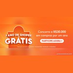 Banner laranja da Shopee com o texto "1 Ano de Shopee Grátis", a frase "Concorra a R$30.000 em compras por um ano" e o botão "Participe agora".