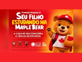 Arte da Promoção Dia das Crianças do Shopping Sul com urso de pelúcia de boné e mochila canadenses, o texto "Seu filho estudando na Maple Bear" e a chamada "A cada R$100 concorra a 1 bolsa de estudos"