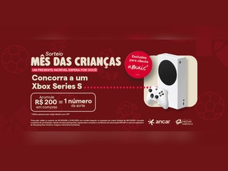 Arte da promoção Sorteio Mês das Crianças, do Shopping Nova América, em fundo vinho com desenhos de bola, pipa e boneca, anunciando a chance de concorrer a um Xbox Series S a cada R$200 em compras com CPF na nota fiscal.