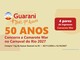 Arte da Promoção Guarani 50 Anos com o logotipo da Guarani, o destaque "50 anos" e a chamada para concorrer a Camarote Mar no Carnaval do Rio 2027, com selo de 4 pares de ingressos.