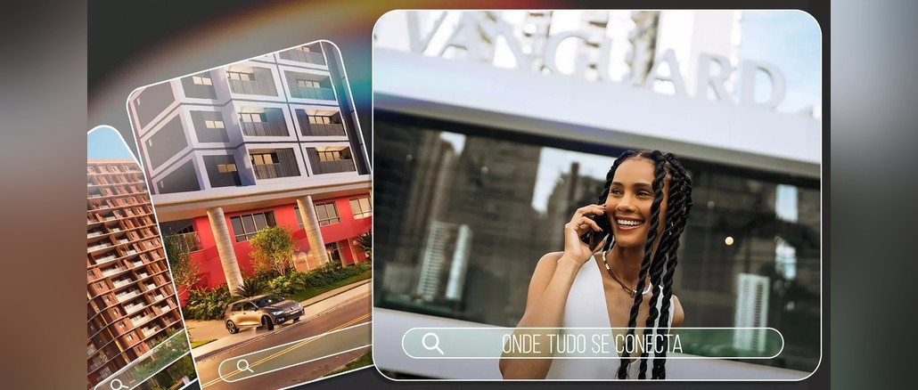 20 Anos Vanguard Mulher sorridente fala ao celular em frente à fachada com o letreiro Vanguard, ao lado de cartões com fotos de prédios residenciais e barra de busca com a frase "Onde tudo se conecta", arte da promoção 20 Anos Vanguard.