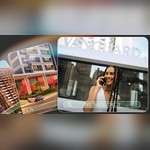 Mulher sorridente fala ao celular em frente à fachada com o letreiro Vanguard, ao lado de cartões com fotos de prédios residenciais e barra de busca com a frase "Onde tudo se conecta", arte da promoção 20 Anos Vanguard.