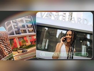 Mulher sorridente fala ao celular em frente à fachada com o letreiro Vanguard, ao lado de cartões com fotos de prédios residenciais e barra de busca com a frase "Onde tudo se conecta", arte da promoção 20 Anos Vanguard.