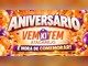 Arte da campanha Aniversário VemKiTem Atacarejo com o letreiro "Aniversário" em letras brancas e roxas, logotipo VemKiTem em laranja e a faixa "É hora de comemorar!" sobre fundo de balões laranja, dourados e roxos com confetes.