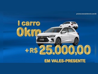 Arte azul com letras douradas em formato de balão: "1 carro 0km + R$25.000,00 em vales-presente", com um carro hatch branco da Chevrolet em destaque e outro ao fundo.