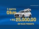 Arte azul com letras douradas em formato de balão: "1 carro 0km + R$25.000,00 em vales-presente", com um carro hatch branco da Chevrolet em destaque e outro ao fundo.