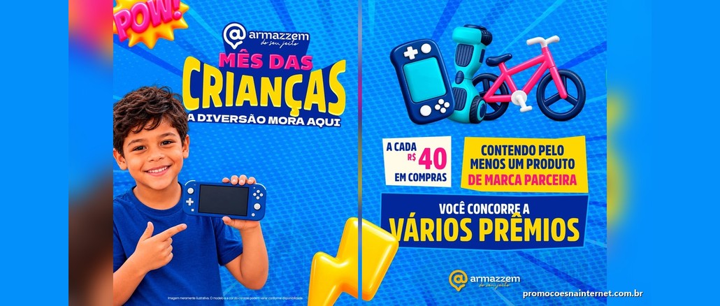 Arte da campanha Mês das Crianças do Armazzem com um menino sorrindo ao lado de um console portátil azul e, ao lado, um console, um hoverboard e uma bicicleta rosa, com a regra de um cupom a cada R$40 em compras com produto de marca parceira.