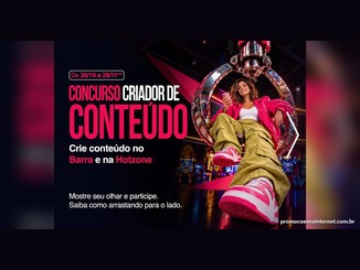 Arte do Concurso Criador de Conteúdo do BarraShoppingSul, com o período de 26/10 a 26/11 e a chamada "Crie conteúdo no Barra e na Hotzone", mostrando uma jovem sorridente com celular na mão, sentada dentro de uma garra de máquina de pelúcia em um ambiente de fliperamas com luzes neon.