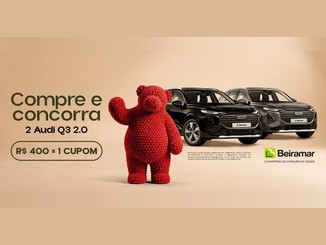 Ursinho vermelho de pompons ao lado de dois Audi Q3 pretos, com os dizeres Compre e concorra, 2 Audi Q3 2.0 e R$400 = 1 cupom, e o logo do Beiramar Shopping