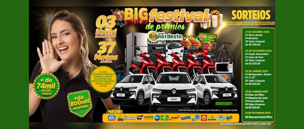Arte do Big Festival de Prêmios da Rede Bignordeste Supermercados com três carros Renault Kwid brancos, motos vermelhas, eletrodomésticos e a lista de sorteios, ao lado de uma mulher sorrindo