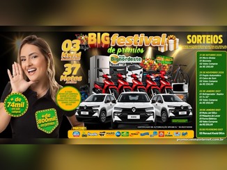 Arte do Big Festival de Prêmios da Rede Bignordeste Supermercados com três carros Renault Kwid brancos, motos vermelhas, eletrodomésticos e a lista de sorteios, ao lado de uma mulher sorrindo