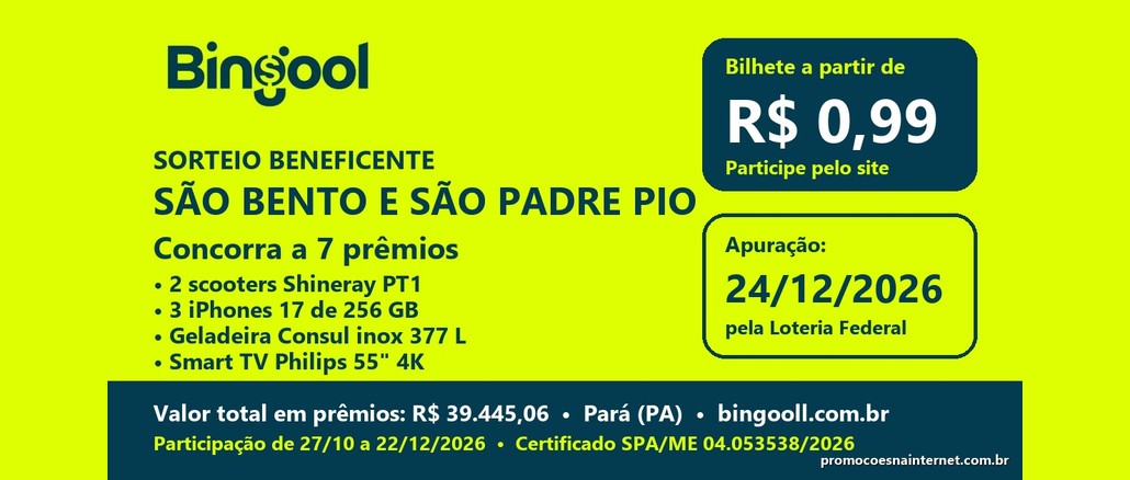 Sorteio Beneficente São Bento e São Padre Pio Arte verde-limão com o logo Bingool, o título Sorteio Beneficente São Bento e São Padre Pio, a lista de prêmios (2 scooters Shineray PT1, 3 iPhones 17, geladeira Consul e Smart TV Philips 55 polegadas), bilhete a partir de R$0,99 e sorteio em 24/12/2026 pela Loteria Federal