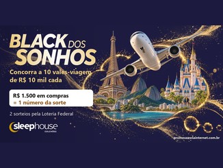 Arte da promoção Black dos Sonhos da Sleep House, com avião, Torre Eiffel, praia carioca e castelo sobre fundo azul-marinho com fios dourados, e o texto "Concorra a 10 vales-viagem de R$10 mil cada".