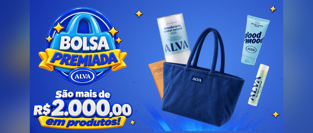 Promoção Bolsa Premiada Alva Arte da promoção Bolsa Premiada Alva com bolsa azul de tecido felpudo, desodorante cristal, gel de limpeza Good Mood, creme dental e lip balm, ao lado do selo "São mais de R$2.000,00 em produtos!" sobre fundo azul.