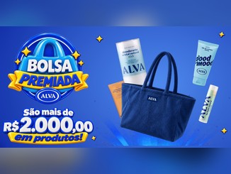 Arte da promoção Bolsa Premiada Alva com bolsa azul de tecido felpudo, desodorante cristal, gel de limpeza Good Mood, creme dental e lip balm, ao lado do selo "São mais de R$2.000,00 em produtos!" sobre fundo azul.