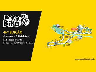 Arte do Bora de Bike 46ª edição com o logo do evento, o texto "Concorra a 6 bicicletas, participação gratuita, sorteio em 08/11/2026, Goiânia" e o mapa ilustrado do percurso, com largada e chegada na Assembleia Legislativa de Goiás.