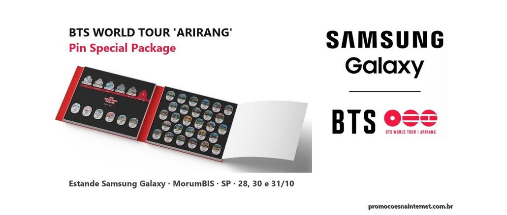 Promoção BTS World Tour Arirang Pin Special Package Caixa aberta do BTS WORLD TOUR 'ARIRANG' Pin Special Package, com 35 pins expostos, ao lado dos logos Samsung Galaxy e BTS World Tour Arirang