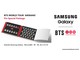 Caixa aberta do BTS WORLD TOUR 'ARIRANG' Pin Special Package, com 35 pins expostos, ao lado dos logos Samsung Galaxy e BTS World Tour Arirang