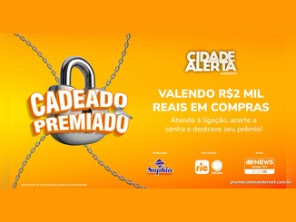 Arte laranja do Cadeado Premiado Maringá 2026 com cadeado prateado e correntes, o texto Valendo R$2 mil reais em compras e a logomarca do programa Cidade Alerta Maringá.