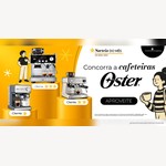 Banner do Sorteio do Mês do Goiânia Shopping com três cafeteiras espresso Oster sobre pódios amarelos, uma para cada categoria de cliente Estrela, e o texto Concorra a cafeteiras Oster