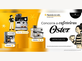 Banner do Sorteio do Mês do Goiânia Shopping com três cafeteiras espresso Oster sobre pódios amarelos, uma para cada categoria de cliente Estrela, e o texto Concorra a cafeteiras Oster