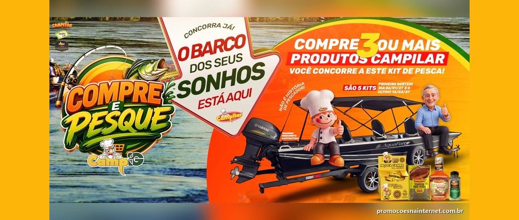 Arte da Promoção Compre e Pesque CampIG da Campilar com um barco Aquaforce com motor Yamaha e reboque, o logo Compre e Pesque CampIG e o texto Compre 3 ou mais produtos Campilar e concorra a este kit de pesca
