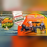 Arte da Promoção Compre e Pesque CampIG da Campilar com um barco Aquaforce com motor Yamaha e reboque, o logo Compre e Pesque CampIG e o texto Compre 3 ou mais produtos Campilar e concorra a este kit de pesca