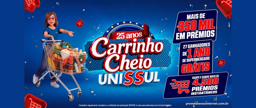Arte da promoção 25 Anos Carrinho Cheio Unissul com personagem de óculos vermelhos ao lado de um carrinho de supermercado cheio e os destaques de mais de R$350 mil em prêmios, 27 ganhadores de 1 ano de supermercado e mais de 4.500 prêmios instantâneos.