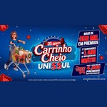 Arte da promoção 25 Anos Carrinho Cheio Unissul com personagem de óculos vermelhos ao lado de um carrinho de supermercado cheio e os destaques de mais de R$350 mil em prêmios, 27 ganhadores de 1 ano de supermercado e mais de 4.500 prêmios instantâneos.