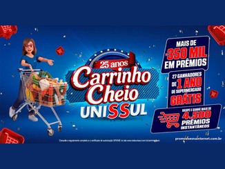 Arte da promoção 25 Anos Carrinho Cheio Unissul com personagem de óculos vermelhos ao lado de um carrinho de supermercado cheio e os destaques de mais de R$350 mil em prêmios, 27 ganhadores de 1 ano de supermercado e mais de 4.500 prêmios instantâneos.
