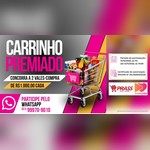 Arte da promoção Carrinho Premiado com carrinho de supermercado cheio de produtos, a chamada para concorrer a 2 vales-compra de R$1.000,00 cada, o número de WhatsApp para participar, o período de participação e as logos do Prass Super e Atacado e da Rádio Emoção FM.