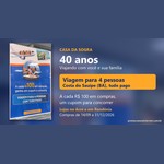 Arte da Promoção Casa da Sogra 40 Anos com a placa da campanha, avião e foto aérea da Costa do Sauípe, e o texto: viagem para 4 pessoas, a cada R$100 em compras um cupom, compras de 14/09 a 31/12/2026 no Acre e em Rondônia.
