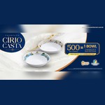 Arte da Promoção Círio Castanheira com dois bowls Tramontina decorados com temática do Círio de Nazaré e o aviso 500 em compras igual a 1 bowl, com 1 bowl por CPF e posto de troca no 1º piso