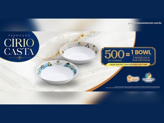 Arte da Promoção Círio Castanheira com dois bowls Tramontina decorados com temática do Círio de Nazaré e o aviso 500 em compras igual a 1 bowl, com 1 bowl por CPF e posto de troca no 1º piso