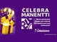 Arte da promoção Celebra Manentti 2026 com caixa de presente dourada aberta, balões dourados e o selo de aniversário dos Supermercados Manentti sobre fundo roxo.
