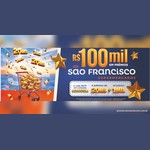 Banner da Promoção Cem Mil em Prêmios dos Supermercados São Francisco: R$100 mil em prêmios, a cada R$70 em compras, 4 prêmios de R$20 mil e 20 prêmios de R$1 mil, ao lado de um carrinho de compras cheio de cédulas douradas.