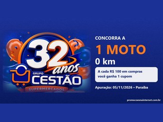 Arte do Aniversário 32 Anos Cestão Supermercados com o logo comemorativo e o texto "Concorra a 1 moto 0 km", em fundo azul, com a regra de um cupom a cada R$100 em compras e o sorteio em 05/11/2026 na Paraíba.