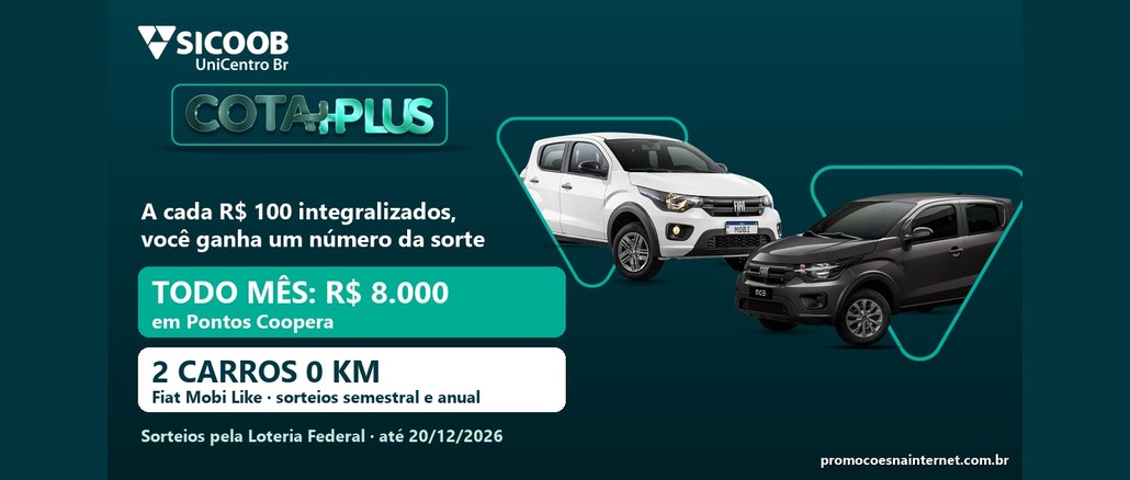 Arte da promoção Cota Plus do Sicoob UniCentro Br com dois carros Fiat Mobi, um branco e um cinza-escuro, e destaques para R$8.000 em Pontos Coopera todo mês e dois carros 0 km nos sorteios semestral e anual.