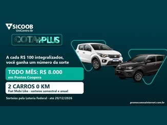 Arte da promoção Cota Plus do Sicoob UniCentro Br com dois carros Fiat Mobi, um branco e um cinza-escuro, e destaques para R$8.000 em Pontos Coopera todo mês e dois carros 0 km nos sorteios semestral e anual.