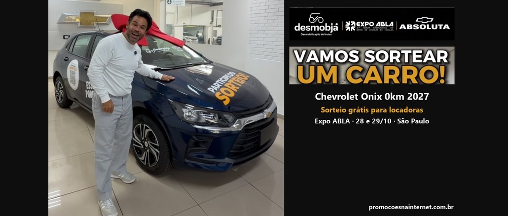 Sorteio Desmob Já na Expo ABLA 2026 Chevrolet Onix azul com laço vermelho no teto e adesivos "Participe do sorteio!", ao lado de um homem sorridente, com logos Desmob Já, Expo ABLA e Absoluta e o texto "Vamos sortear um carro!".