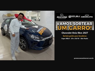 Chevrolet Onix azul com laço vermelho no teto e adesivos "Participe do sorteio!", ao lado de um homem sorridente, com logos Desmob Já, Expo ABLA e Absoluta e o texto "Vamos sortear um carro!".
