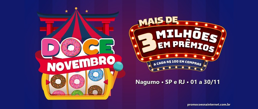 Logo do Doce Novembro do Nagumo com tenda de circo e caça-níquel de donuts, ao lado da placa luminosa "Mais de 3 milhões em prêmios, a cada R$100 em compras", sobre fundo azul e vinho.