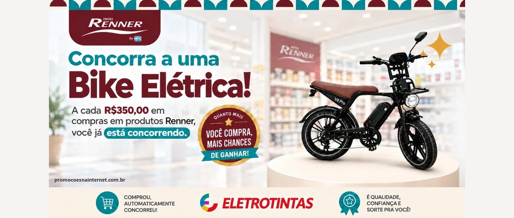 Banner da campanha da Eletrotintas e Tintas Renner com uma bicicleta elétrica preta V8 Pro sobre um pedestal e a chamada Concorra a uma Bike Elétrica
