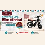 Banner da campanha da Eletrotintas e Tintas Renner com uma bicicleta elétrica preta V8 Pro sobre um pedestal e a chamada Concorra a uma Bike Elétrica