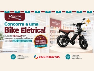Banner da campanha da Eletrotintas e Tintas Renner com uma bicicleta elétrica preta V8 Pro sobre um pedestal e a chamada Concorra a uma Bike Elétrica