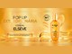 Banner dourado da Pop Up Extraordinária com L'Oréal Paris Elseve, com o frasco do Óleo Extraordinário 100 ml e o selo "Óleo de tratamento nº 1 do mundo".